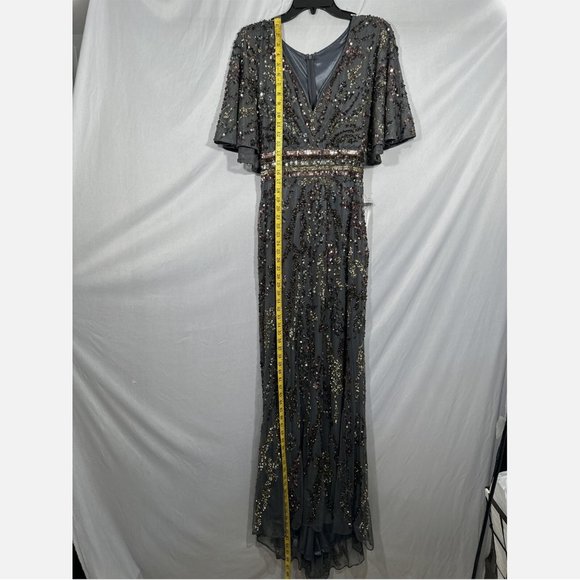 NWT $698 Mac Duggal [‎ 8 ] Cape Sleeve Embellished Gown in Charcoal Multi Gold - Picture 7 of 15
